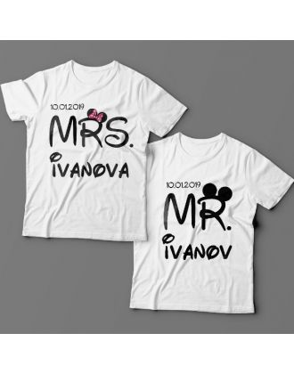 Парные футболки для мужа и жены "Mr." и "Mrs." с датой свадьбы и фамилиями